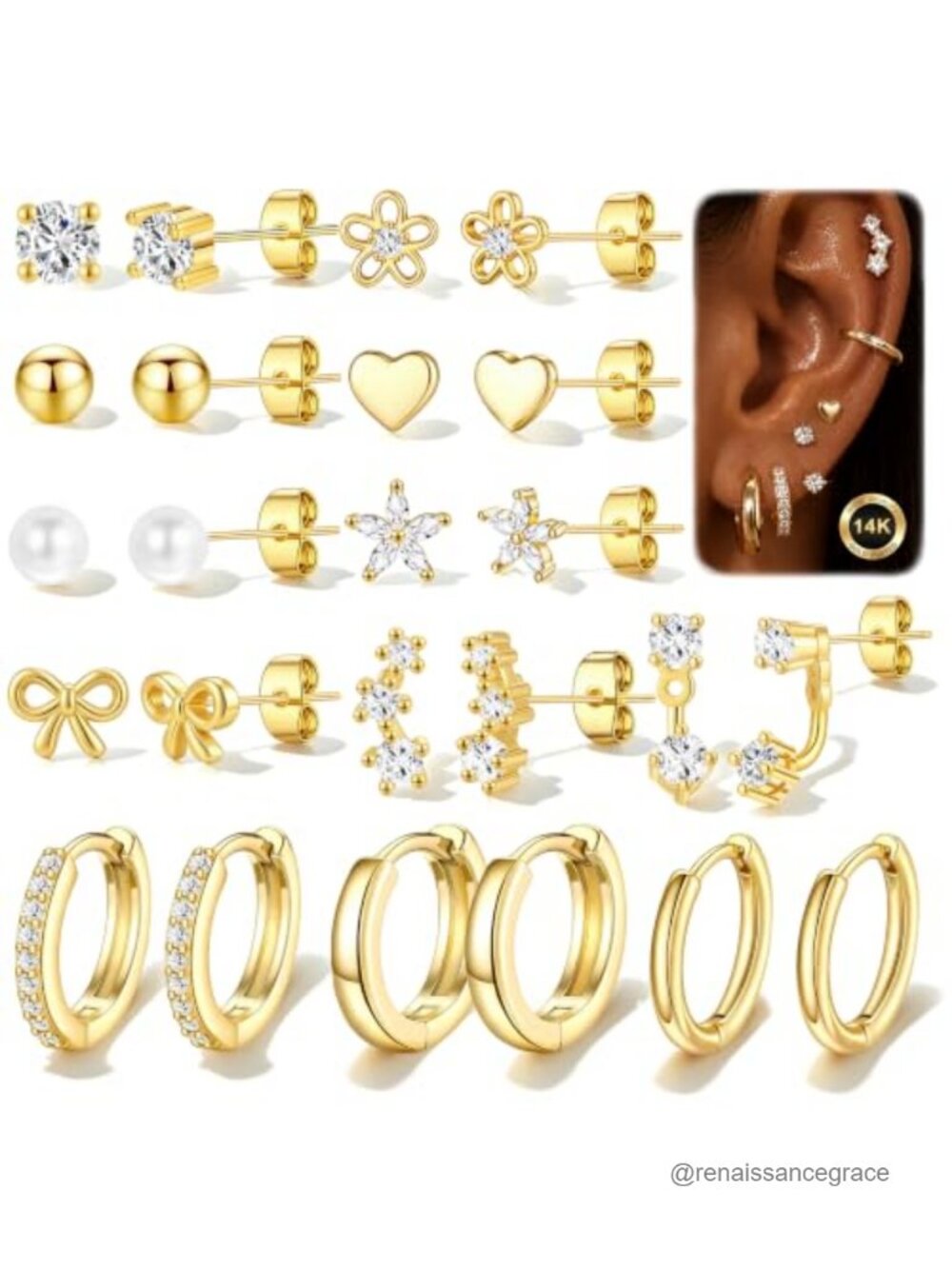 12 Pair Gold Stud Earrings Set Hypoallergenic 14K Gold Plated